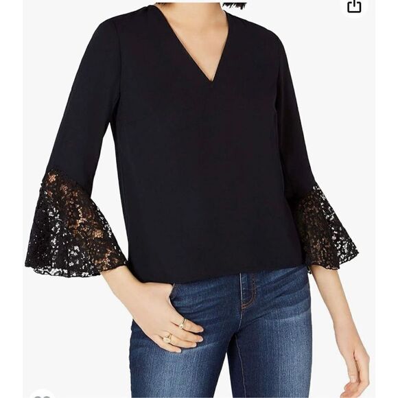NWT Bar III Black Lace-Trim Bell-Sleeve Top (Size S) - Picture 1 of 8